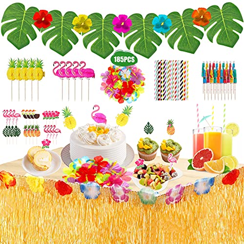 185 Pcs Hawaiano Luau Falda de Mesa Set de decoración,Decoración de Fiesta Tropical con hojas de palma Flores hawaianas adornos para cupcakes decoraciones de mesa de fiesta Tiki de verano