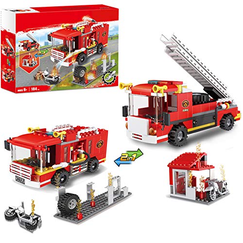 2 en 1 City Fire Station Building Blocks Juego de Camiones de Bomberos Kit de construcción de Bombero Ladrillos de construcción para niños de 6 a 12 años (184 Piezas)