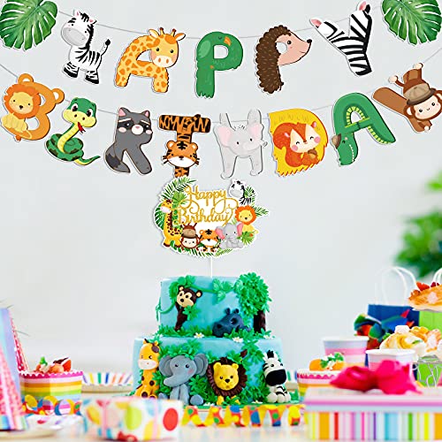 2 Piezas de Pancartas de Happy Birthday de Animal de Selva Decoración de Cupcake de Happy Birthday de Animal de Selva Decoraciones de Cumpleaños con Tema de Selva de Zoológico para Fiesta