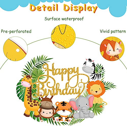 2 Piezas de Pancartas de Happy Birthday de Animal de Selva Decoración de Cupcake de Happy Birthday de Animal de Selva Decoraciones de Cumpleaños con Tema de Selva de Zoológico para Fiesta