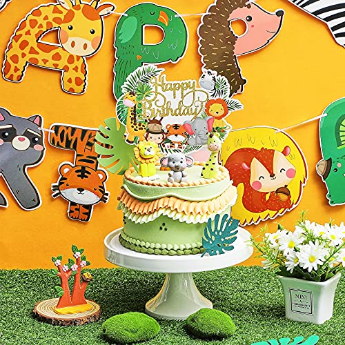 2 Piezas de Pancartas de Happy Birthday de Animal de Selva Decoración de Cupcake de Happy Birthday de Animal de Selva Decoraciones de Cumpleaños con Tema de Selva de Zoológico para Fiesta