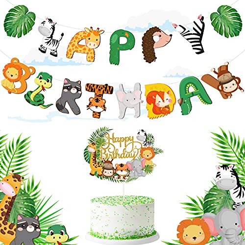 2 Piezas de Pancartas de Happy Birthday de Animal de Selva Decoración de Cupcake de Happy Birthday de Animal de Selva Decoraciones de Cumpleaños con Tema de Selva de Zoológico para Fiesta