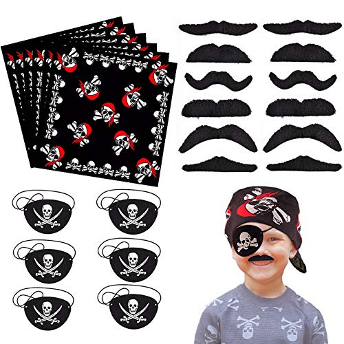 24 piezas Pirata Cumpleaños Party Accesorios - Parche de Ojo Pirata Turbante Pirata Barbas Malas Autoadhesivas Bigote Falso para Carnaval de Halloween, Fiesta Temática Pirata y Cumpleaños de Niños