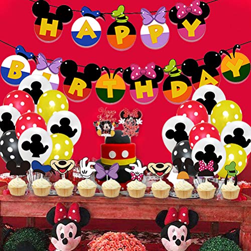 34 Piezas Mickey Party Decorations ZSWQ-Decoraciones de Cumpleaños de Mickey Mouse Pancarta de Feliz Cumpleaños, Globos y Adornos para Tartas, para Cumpleaños, Fiesta, Baby Shower