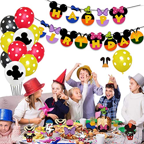 34 Piezas Mickey Party Decorations ZSWQ-Decoraciones de Cumpleaños de Mickey Mouse Pancarta de Feliz Cumpleaños, Globos y Adornos para Tartas, para Cumpleaños, Fiesta, Baby Shower