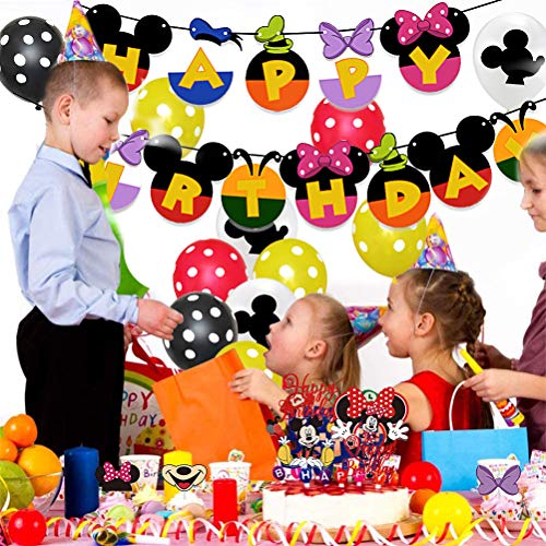 34 Piezas Mickey Party Decorations ZSWQ-Decoraciones de Cumpleaños de Mickey Mouse Pancarta de Feliz Cumpleaños, Globos y Adornos para Tartas, para Cumpleaños, Fiesta, Baby Shower