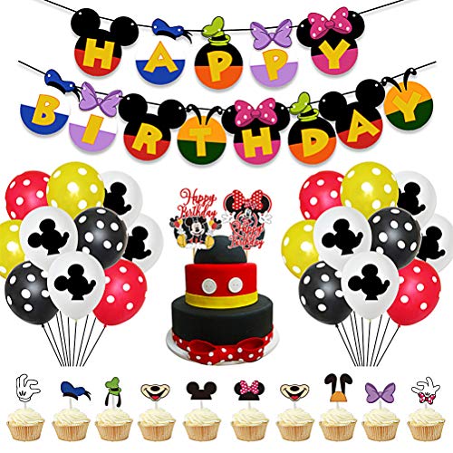 34 Piezas Mickey Party Decorations ZSWQ-Decoraciones de Cumpleaños de Mickey Mouse Pancarta de Feliz Cumpleaños, Globos y Adornos para Tartas, para Cumpleaños, Fiesta, Baby Shower