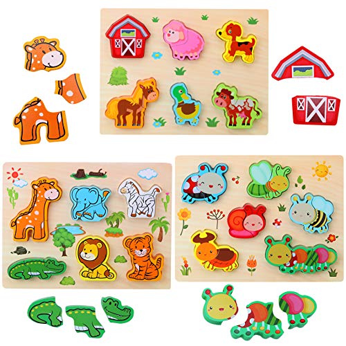 3D Animal Puzzles de Madera para Bebé，Pack de 3 animales de 18 tipos Rompecabezas Habilidad motora fina Aprendizaje temprano Juego educativo preescolar Montessori Juguetes para 2 3 4 años Niños Niñas