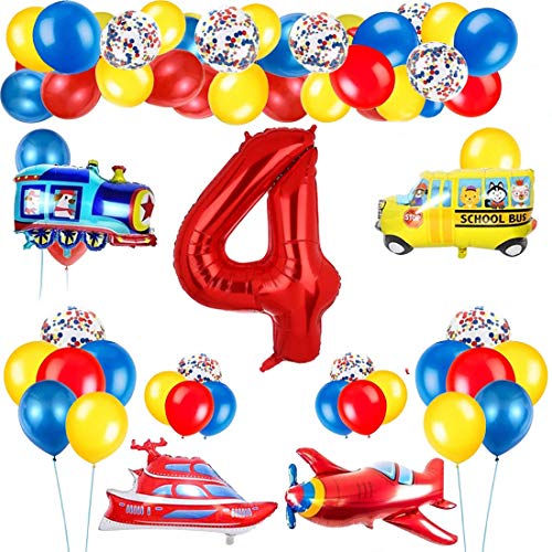 4 Años Decoración de Cumpleaños Número Rojo 4 (40 Pulgadas) Tema de Tráfico Decoración de Fiesta de Cumpleaños Globos de Confeti Látex para Niños Avión Tren Autobús Yate