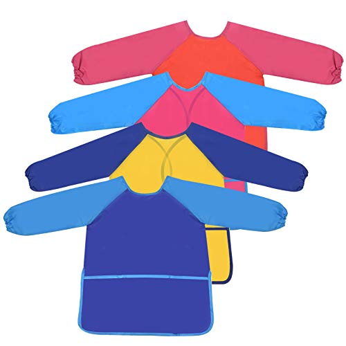 4 Piezas Delantales de Niño, Delantal Infantil Pintura, Impermeable Bebe Babero Arte Smock con Bolsillos De Manga 3 Larga para 5-10 Niños Dibujar de Arte Escolar (Medio)