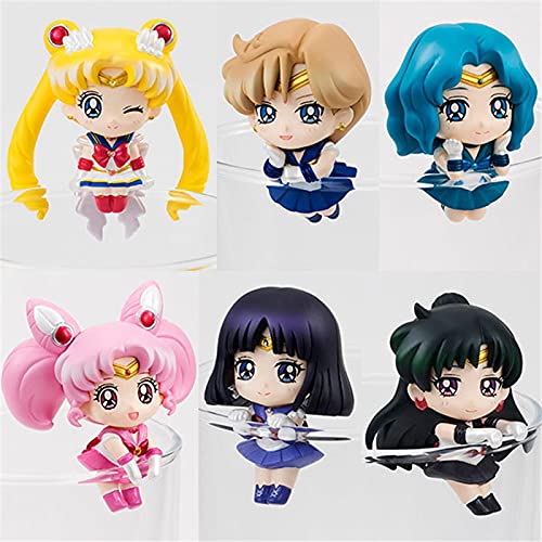 6Pcs Figuras De Acción Anime Sailor Moon Decoraciones para Tazas De Té Juguetes para Niños Tsukino Usagi Chibi Sailor Uranus Plutón Neptuno Saturno Niños Niña Regalos De Cumpleaños