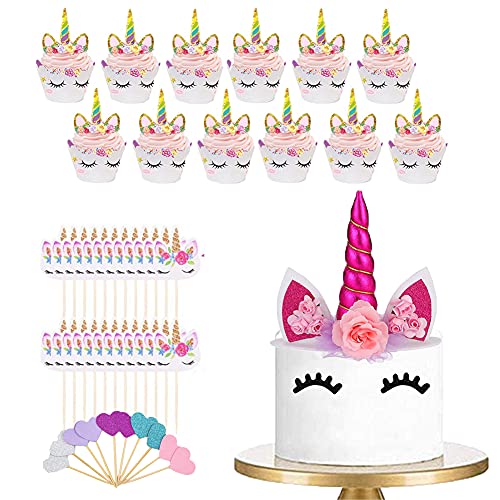 74pcs Unicorn Birthday Cake Topper Set, Cupcake Topper Doble Sided, Party Supplies Cake Decorations para Niños Niñas Regalo Unicornio Decoraciones de Fiesta de Cumpleaños