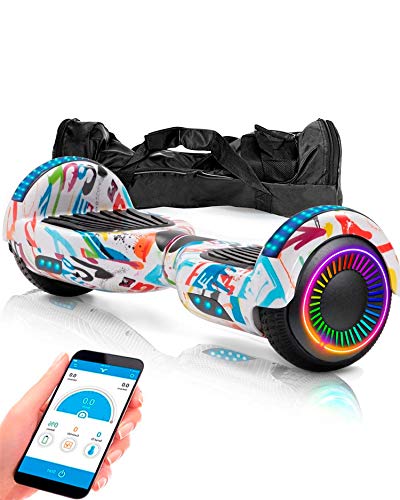 ACBK - Hoverboard Patinete Eléctrico Autoequilibrio con Ruedas de 6.5" Control por App y Bolsa Transporte (Altavoces Bluetooth + Ruedas Led) Velocidad máxima: 10-12 km/h (Graffiti)