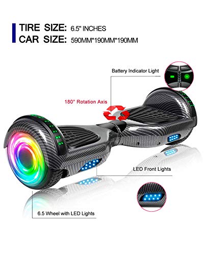 ACBK - Hoverboard Patinete Eléctrico Hover Autoequilibrio con Ruedas de 6.5" - (Altavoz Bluetooth + Luces LED) - Velocidad máxima: 10-12 km/h, Autonomía 10-12 km (Negro)