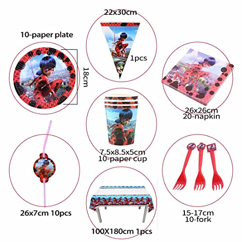 Accesorio de Decoración de Fiesta de Cumpleaño HANEL-62pcs Miraculous Ladybug Vajilla Contiene Platos Tazas Manteles Servilletas Tenedores banderín para Niños Niñas Decoración de Fiesta de Cumpleaños