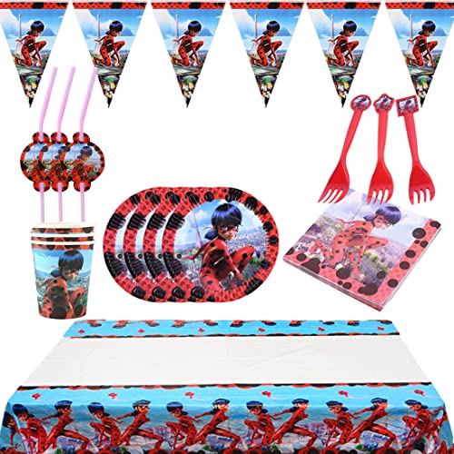 Accesorio de Decoración de Fiesta de Cumpleaño HANEL-62pcs Miraculous Ladybug Vajilla Contiene Platos Tazas Manteles Servilletas Tenedores banderín para Niños Niñas Decoración de Fiesta de Cumpleaños