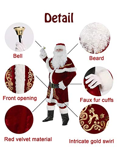 Ahititi Disfraz de Papá Noel para Hombres, Conjunto de 12 PCS de Navidad para Adultos Traje de Santa Claus de Terciopelo Lujoso Rojo M