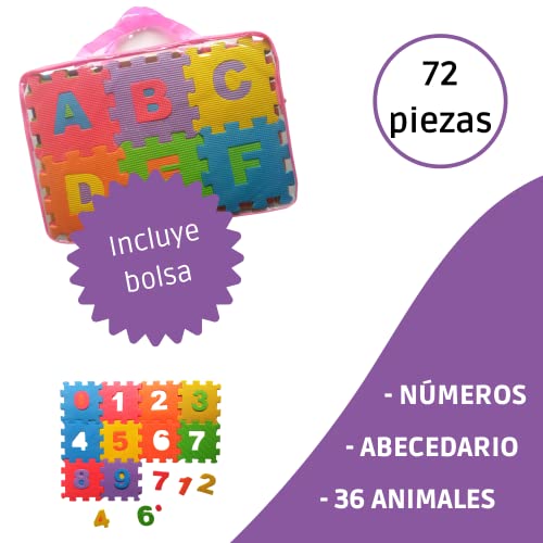 Alfombra Puzzle Bebés| Alfombra Bebé con 72 Piezas De Goma Espuma Que Incluyen Números, Animales y Letras del Alfabeto | Alfombra Puzzle Bebé Ideal para Aprender