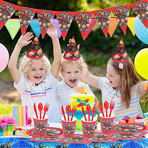 ALHX Set de Fiesta de cumpleaños de Superhéroe 78 PCS Superhéroe Party Decoration Set Platos Tazas Servilletas Pack de Fiesta Mantel Sirve para 10 Invitados