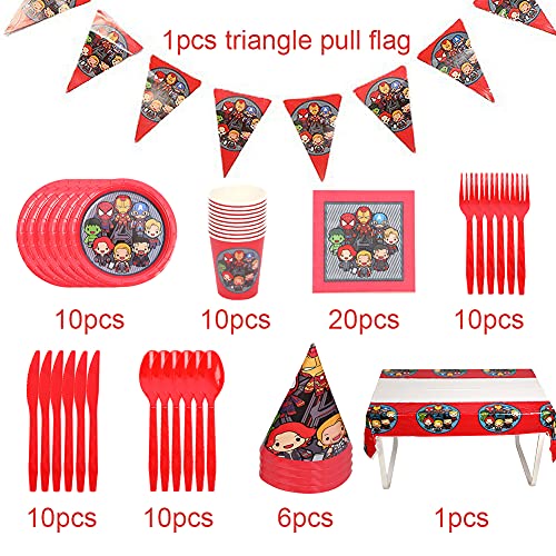 ALHX Set de Fiesta de cumpleaños de Superhéroe 78 PCS Superhéroe Party Decoration Set Platos Tazas Servilletas Pack de Fiesta Mantel Sirve para 10 Invitados