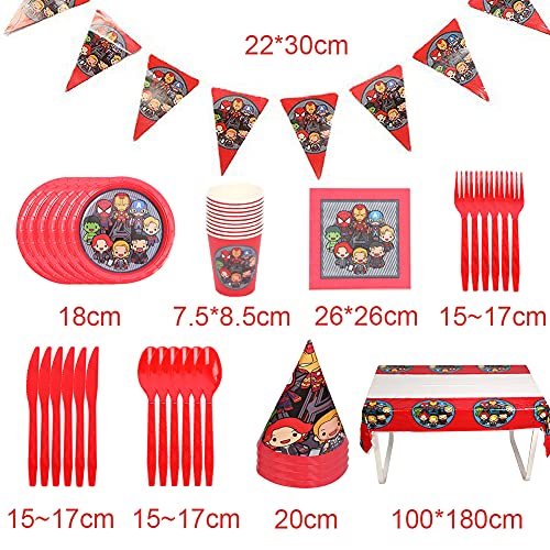 ALHX Set de Fiesta de cumpleaños de Superhéroe 78 PCS Superhéroe Party Decoration Set Platos Tazas Servilletas Pack de Fiesta Mantel Sirve para 10 Invitados