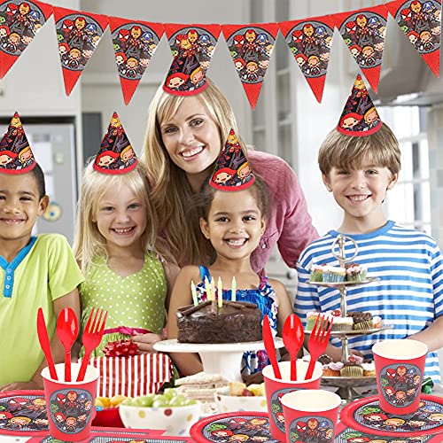 ALHX Set de Fiesta de cumpleaños de Superhéroe 78 PCS Superhéroe Party Decoration Set Platos Tazas Servilletas Pack de Fiesta Mantel Sirve para 10 Invitados