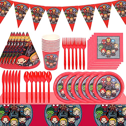 ALHX Set de Fiesta de cumpleaños de Superhéroe 78 PCS Superhéroe Party Decoration Set Platos Tazas Servilletas Pack de Fiesta Mantel Sirve para 10 Invitados