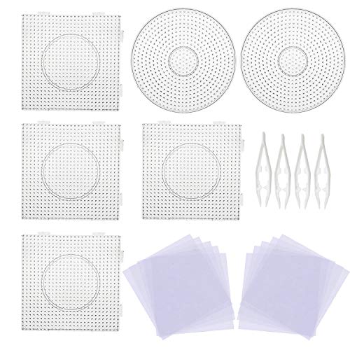 Allazone 5mm 6 Pz Pegboards Plantillas Grandes con 4 Pz Cuentas Blancas, 10 Pz Papel de Planchado, Placas Cuadrado Transparente para Cuentas Niños Artesanía Perlas