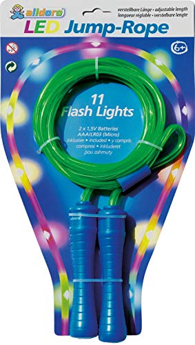 alldoro 63023 - Juego de 2, 1 aro de 72 cm de diámetro, color azul/rosa y 1 cuerda de saltar verde de aprox. 2,4 metros, aro y cuerda de saltar con luces LED y luz, juguete deportivo.