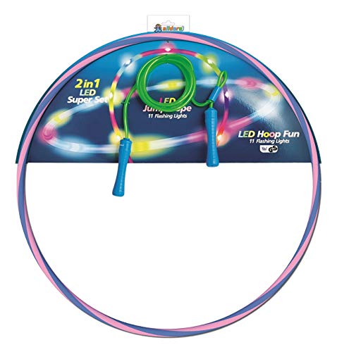 alldoro 63023 - Juego de 2, 1 aro de 72 cm de diámetro, color azul/rosa y 1 cuerda de saltar verde de aprox. 2,4 metros, aro y cuerda de saltar con luces LED y luz, juguete deportivo.