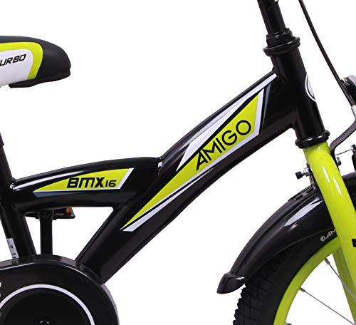 Amigo BMX Turbo - Bicicleta Infantil de 16 Pulgadas - para niños de 4 a 6 años - con V-Brake, Freno de Retroceso, Timbre y ruedines - Negro