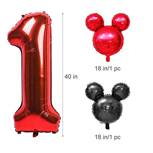 Amycute Decoración de Fiesta Mickey Mouse Cumpleaños, Banner de Happy Birthday Globos de Latex Negro Rojo, Globo de Papel de Aluminio de Número 1 para Fiesta Temática de Mickey Cumpleaños