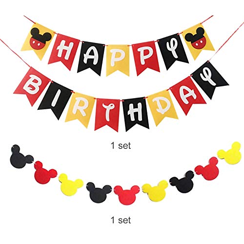 Amycute Decoración de Fiesta Mickey Mouse Cumpleaños, Banner de Happy Birthday Globos de Latex Negro Rojo, Globo de Papel de Aluminio de Número 1 para Fiesta Temática de Mickey Cumpleaños