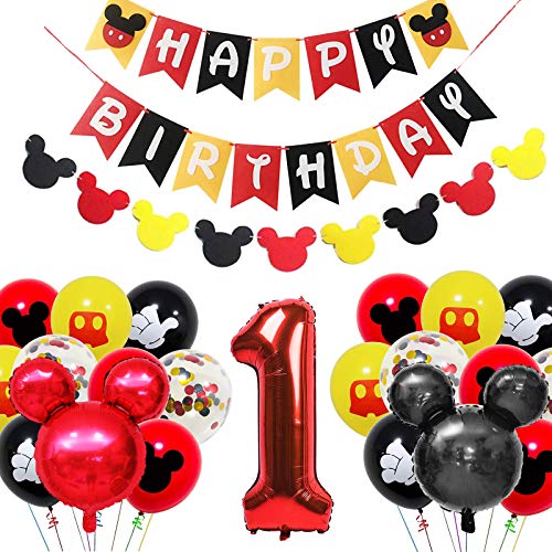 Amycute Decoración de Fiesta Mickey Mouse Cumpleaños, Banner de Happy Birthday Globos de Latex Negro Rojo, Globo de Papel de Aluminio de Número 1 para Fiesta Temática de Mickey Cumpleaños