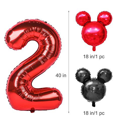 Amycute Decoración de Fiesta Mickey Mouse Cumpleaños, Banner de Happy Birthday Globos de Latex Negro Rojo, Globo de Papel de Aluminio de Número 2 para Fiesta Temática de Mickey Cumpleaños