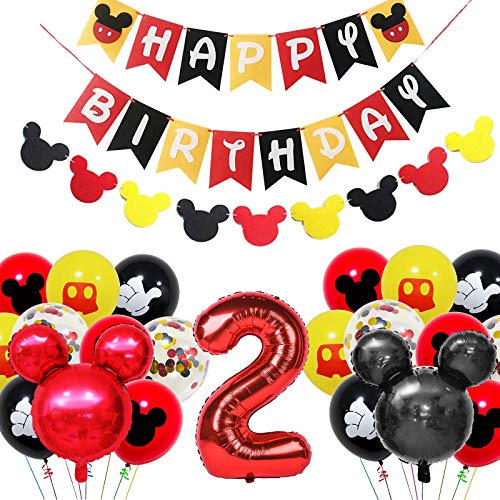 Amycute Decoración de Fiesta Mickey Mouse Cumpleaños, Banner de Happy Birthday Globos de Latex Negro Rojo, Globo de Papel de Aluminio de Número 2 para Fiesta Temática de Mickey Cumpleaños