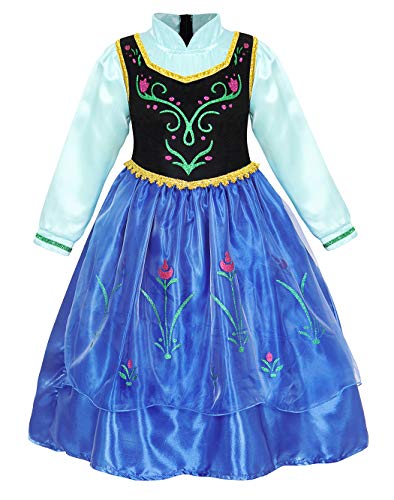 AmzBarley Niña Princesa Anna Coronación Vestido Disfraz Niño Cumpleaños Fiesta Cosplay Carnaval Cosplay Halloween Ceremonia Traje Blue 3-4 Años 110