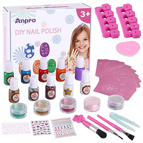 Anpro juego de esmaltes de uñas DIY, pegatinas de tatuajes temporales a juego, regalo creativo para niñas, kit de salón de uñas para niñas