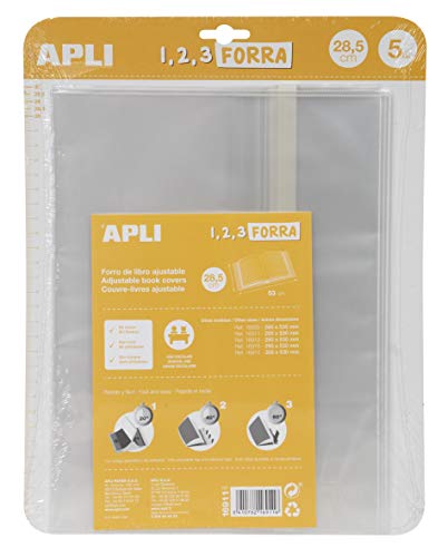 APLI 16911 - Forro de libros con solapa ajustable de polipropileno. Medida 28,5 x 53 cm, 75 µ. Pack de 5 u.