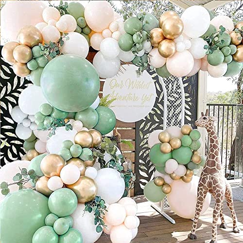 Arco Guirnalda Globos Verdes, 117 Piezas Fiesta de Globo Verde Aguacate Blanco Dorado, Ideal para Baby Shower, Cumpleaños, Bodas, Fiestas Tropicales o Decoración Fiesta con Tema Safari Jungla