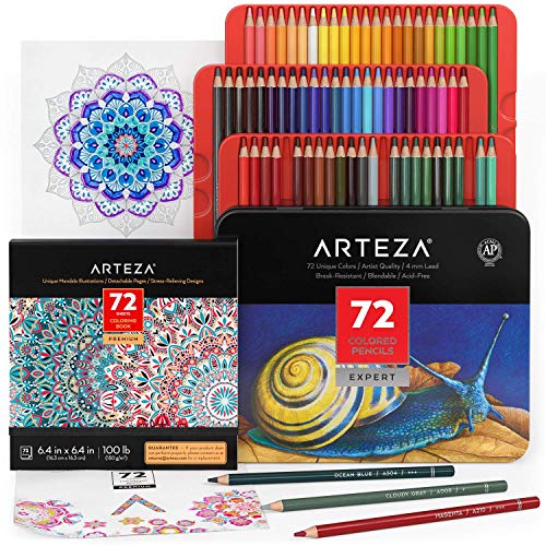 Arteza Kit de Colorear Mandalas, libro de colorear para adultos, 72 lápices de colores suaves a base de cera con un libro de mandalas para colorear y 72 diseños diferentes, para relax y antiestrés