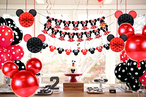 Artículos para la fiesta de Minnie Mouse Decoraciones de cumpleaños Rojo y negro para niñas, Cinta para la oreja, Banner de feliz cumpleaños y Guirnaldas para las decoraciones del 1 ° 2 ° cumpleaños