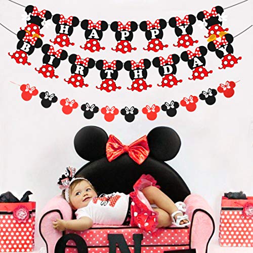 Artículos para la fiesta de Minnie Mouse Decoraciones de cumpleaños Rojo y negro para niñas, Cinta para la oreja, Banner de feliz cumpleaños y Guirnaldas para las decoraciones del 1 ° 2 ° cumpleaños