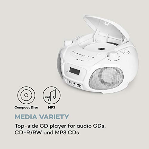 auna Roadie Sing CD - Boombox, Radio CD, Reproductor CD, Karaoke, Tamaño Compacto, Efecto Luminoso LED, Conectividad Bluetooth, Micrófono, con Cable o con Pilas, Radio CD portatil, Blanco