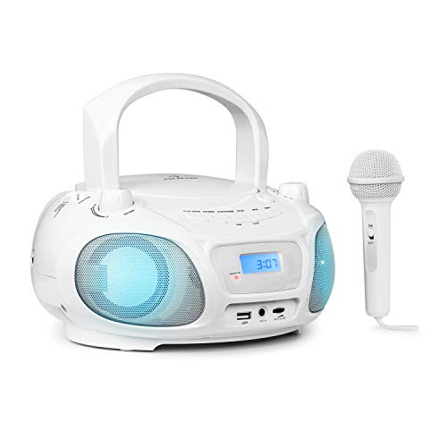 auna Roadie Sing CD - Boombox, Radio CD, Reproductor CD, Karaoke, Tamaño Compacto, Efecto Luminoso LED, Conectividad Bluetooth, Micrófono, con Cable o con Pilas, Radio CD portatil, Blanco