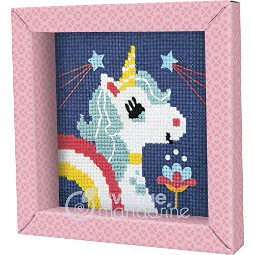 Avenue Mandarine- UNE boite Pix Gallery comprenant 1 Tableau Point de Croix 14x14 cm, fils et Aiguille, Licorne Mercería, Color Unicornio. (Clairefontaine KC112C)