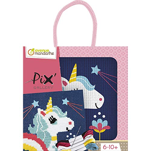 Avenue Mandarine- UNE boite Pix Gallery comprenant 1 Tableau Point de Croix 14x14 cm, fils et Aiguille, Licorne Mercería, Color Unicornio. (Clairefontaine KC112C)