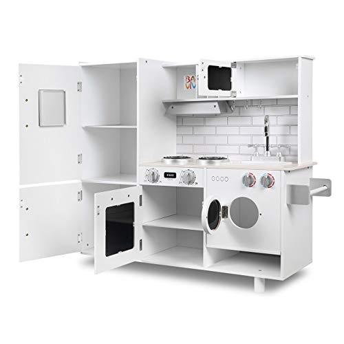 Baby Vivo Cocina de Juguete de Madera Microondas Niños Infantil Horno y Estufa Lavabo Lavadora - Bruno en Blanco