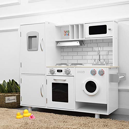 Baby Vivo Cocina de Juguete de Madera Microondas Niños Infantil Horno y Estufa Lavabo Lavadora - Bruno en Blanco