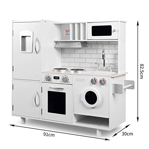 Baby Vivo Cocina de Juguete de Madera Microondas Niños Infantil Horno y Estufa Lavabo Lavadora - Bruno en Blanco